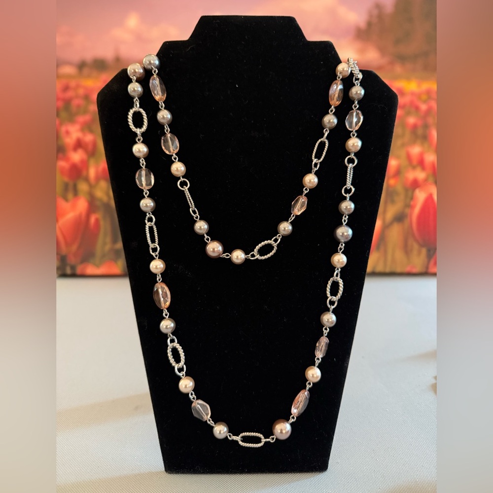 Extra long Silver and Pearl Necklace